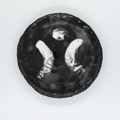 Vulcan Servierplatte rund, 34 cm, schwarz und weiß, mit Zeichnung
